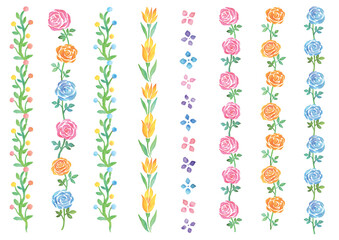 水彩手描きの花の飾り線のセット-縦型