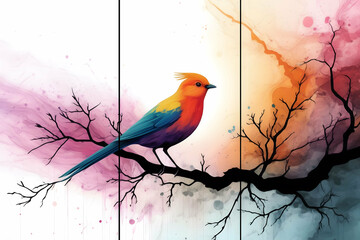 Home panel wall art three panels, colorful marble background with bird on root silhouette for wall decoration