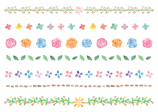 水彩手描きの花の飾り線のセット-横型