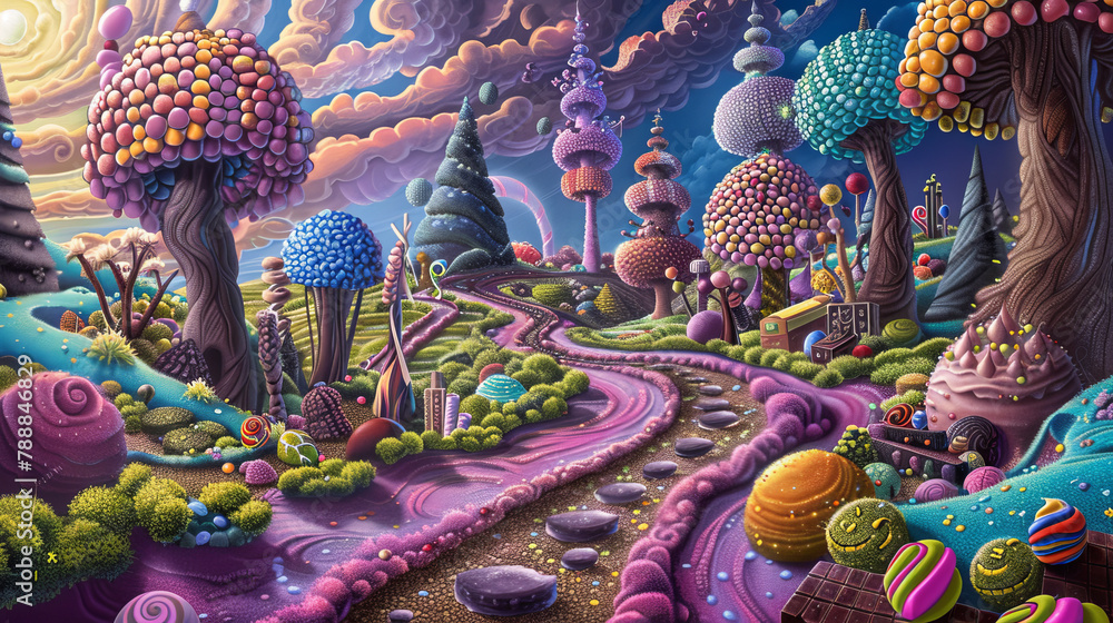 Poster a colorful fantasy world with a path leading through it