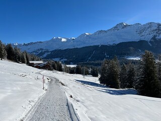 Excellently arranged and cleaned winter trails for walking, hiking, sports and recreation in the area of the tourist resorts of Valbella and Lenzerheide in the Swiss Alps - Switzerland (Schweiz)