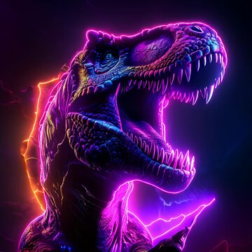 A neon T-rex dinosaur with glowing purple, blue and pink highlights stands in front of a black background with glowing yellow and pink lightning bolts.