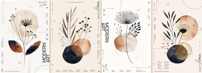 A set of four watercolor botanical illustrations on a beige background, featuring earthy tones, simple shapes, and lines in a boho style. These are minimalist vector posters. - 788847072
