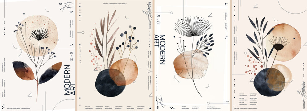 A set of four watercolor botanical illustrations on a beige background, featuring earthy tones, simple shapes, and lines in a boho style. These are minimalist vector posters.