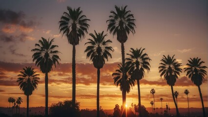 Obraz premium Silhouetted palm trees against a sunset sky
