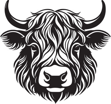 Highland cow head stencil vector Black Heifer cut file for template, decal, logo, tattoo.