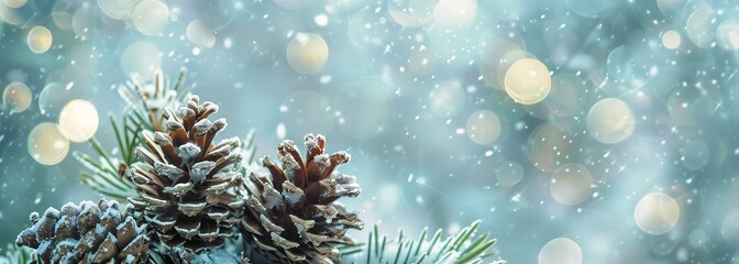 Fototapeta na wymiar pine cone branch snow lens flares floral ornaments textures glittering silver tree tops purity
