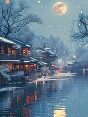 Winter cityscape with snowcovered buildings by a river, reflecting the sky