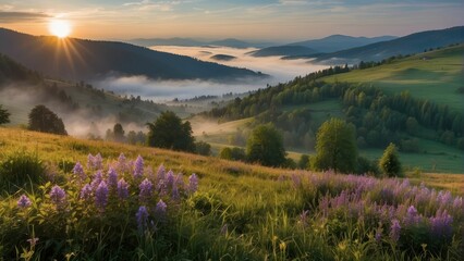 Misty mountain landscape during sunrise