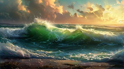 wave breaking beach sunset background green wondrous buff strong sunlight painted thick brush deep sprites rays ocean - obrazy, fototapety, plakaty