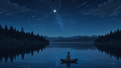 Wide starry night sky with a shooting star crossing over a tranquil lake