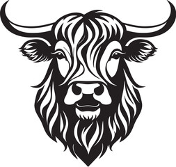 Highland cow head vector file Black Heifer cut out for stencil, template, decal, logo, tattoo.