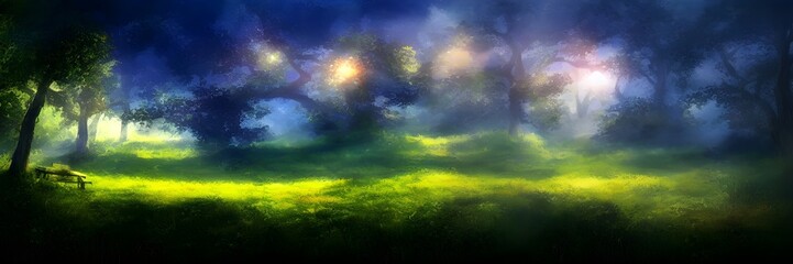 Naklejka premium Mystical forest in ethereal lights and shadows