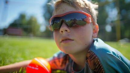 Closeup of a child with a visual impairment using adaptive equipment to participate in a game of kickball showcasing the accessibility and inclusivity of the program for individuals .