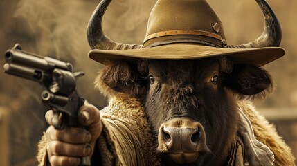 buffalo in a stylish hat brandishes a firearm confidently, Ai Generated - obrazy, fototapety, plakaty