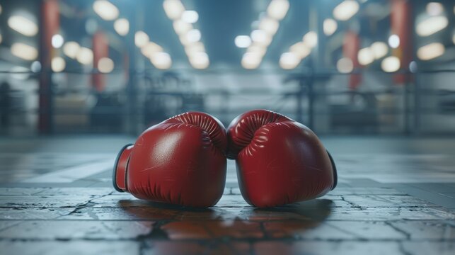 Blank mockup of a pair of boxing gloves on a gym floor waiting for a training session. .