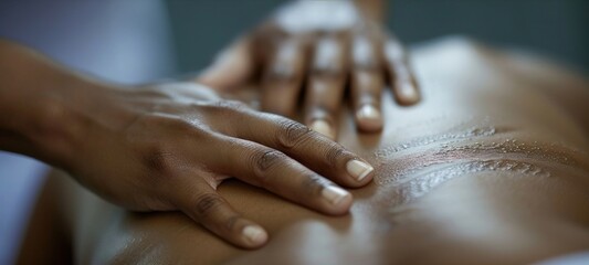 A closeup of a masseuses hands gently manipulating a clients back muscles representing the physical and handson nature of holistic healthcare. . - obrazy, fototapety, plakaty