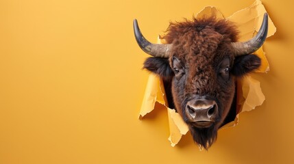 A humorous bison peers through a ripped hole in a contrast pastel color paper background, Ai...