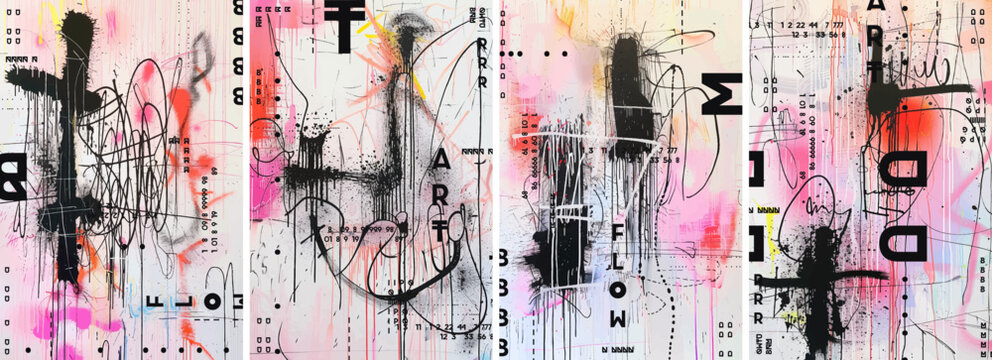 A series of designs on white background with black ink scribbles and splatters with neon pink accents. This vector illustration incorporates elements from street art and modern abstract art.