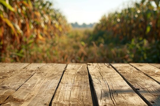 The empty wooden brown table top with blur background of corn field. Exuberant image - generative ai