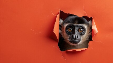 A humorous gibbon peers through a ripped hole in a contrast pastel color paper background, Ai...