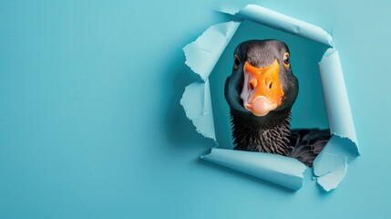 A humorous goose peers through a ripped hole in a contrast pastel color paper background, Ai Generated