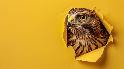 A humorous hawk peers through a ripped hole in a contrast pastel color paper background, Ai Generated