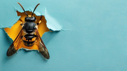 A humorous hornet peers through a ripped hole in a contrast pastel color paper background, Ai...