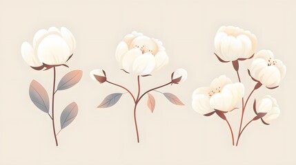 Monochrome stylized pictures set of white cotton flowers. Vector illustrations set. Cotton flower plant, organic ball fluffy boll

