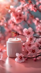Fototapeta na wymiar Generative AI : a small can of white moisturizer on a pink background. A minimalist background, a few cherry blossoms
