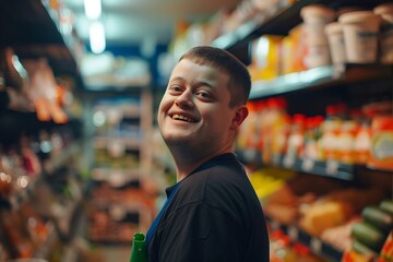 Generative AI : Young man with Down syndrome standing in small supermarket store.