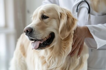 Generative AI : Young Veterinary Clinic Specialist Petting an Obedient Golden Retriever Dog. 