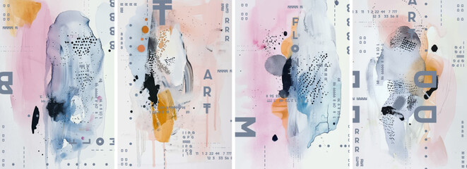 A set of four covers with abstract designs in soft pastel colors and visible brush strokes. These vector posters depict fluid shapes and splashes of ink in various shades of pink, blue, and yellow.