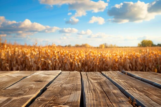 The empty wooden brown table top with blur background of corn field. Exuberant image - generative ai