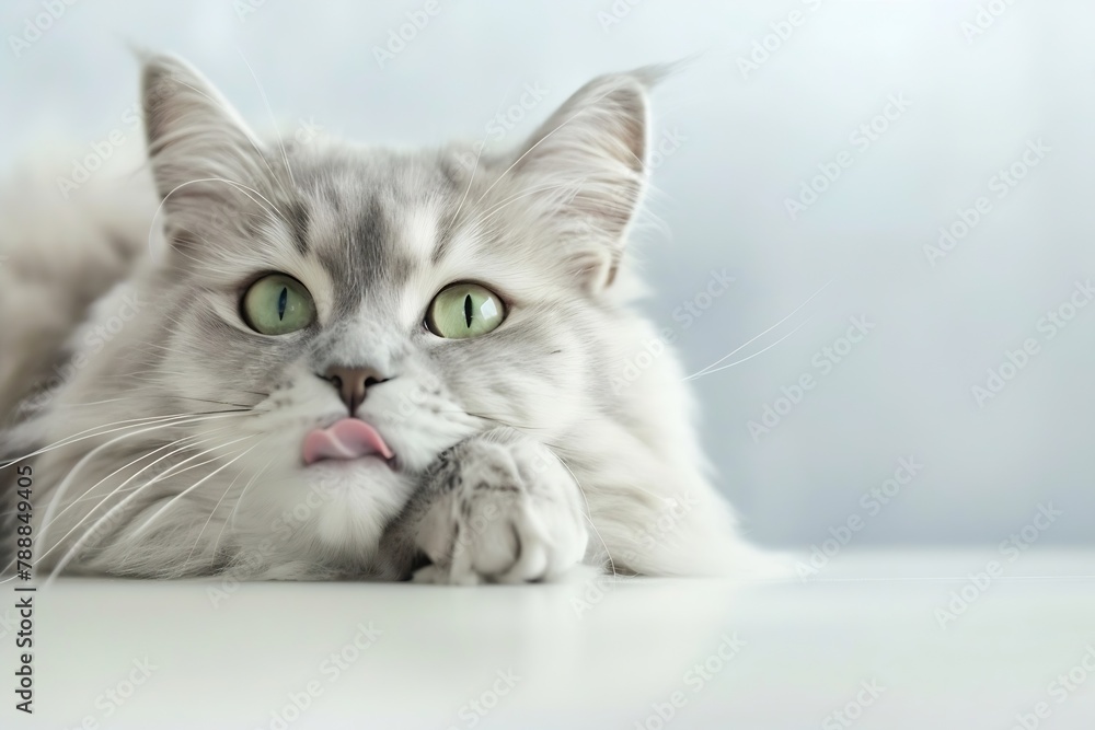 Poster generative ai : funny large longhair gray kitten with beautiful big green eyes lying on white table.