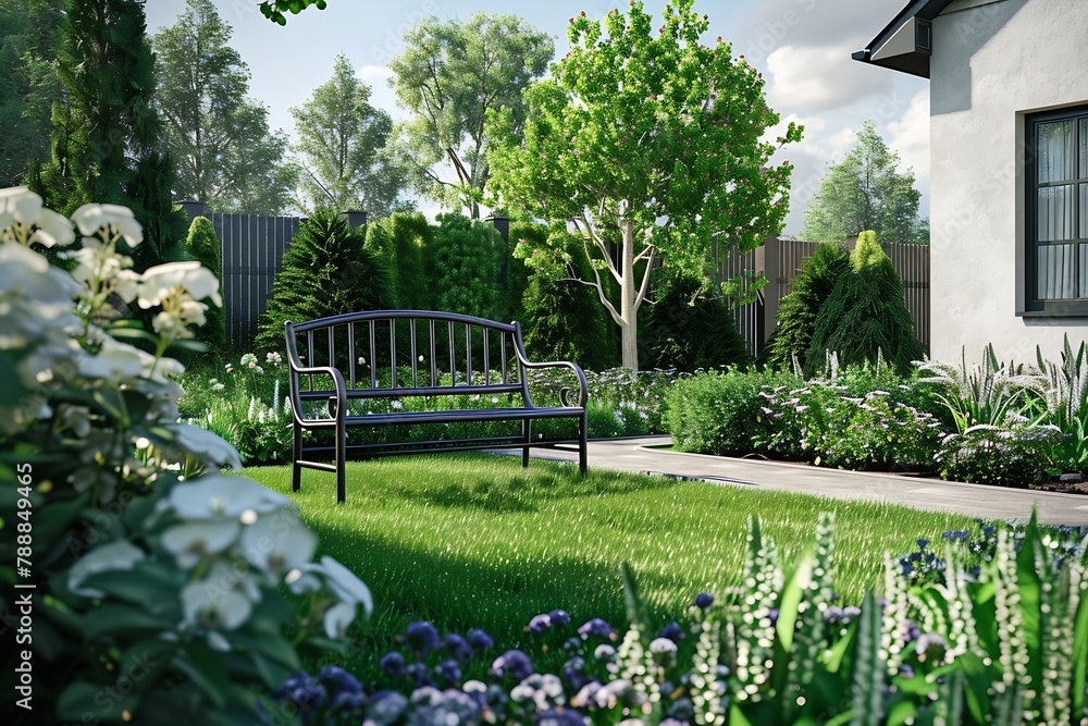 Poster generative ai : beautiful landscape design of the house territory.