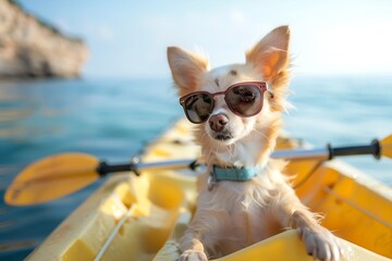 Generative AI : Cute Chihuahua dog wearing sunglasses on a Kayak at the ocean shore