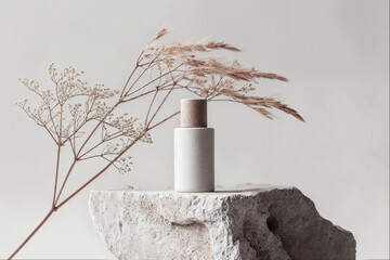A natural rock platform adorned with dry twigs serves as the backdrop for a mockup featuring a cosmetic jar with copy space, set amidst the tranquility of a neutral beige-gray background. - 788849455