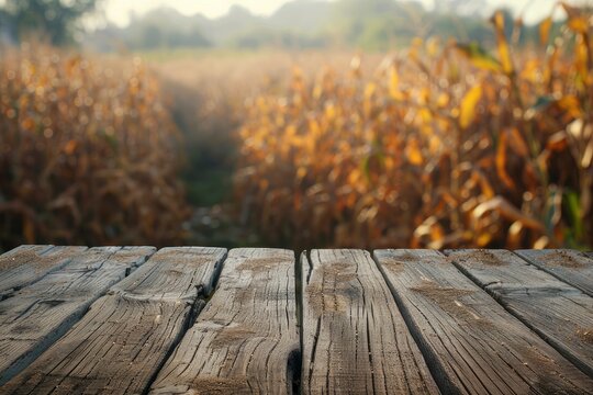 The empty wooden brown table top with blur background of corn field. Exuberant image - generative ai
