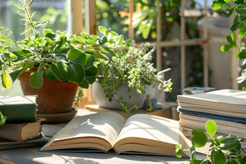 Generative AI : Reading books in summer at a beautiful terrace or cozy balcony full of green plants.