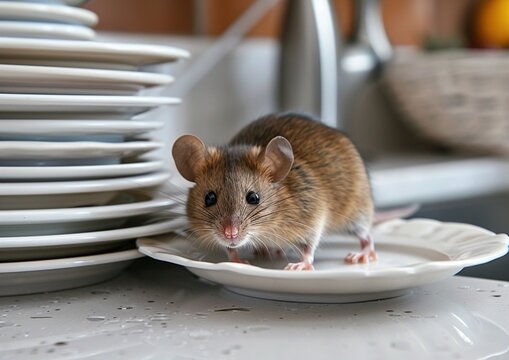 A rat at the sink with dirty dishes.