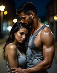 Couple on dark street in dirty and ripped clothing