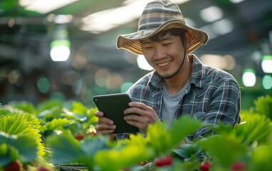 Generative AI : young asian farm manager, 28 years old, wearing a field shirt and hat, checking on their field worker in a strawberry greenhouse - Powered by Adobe