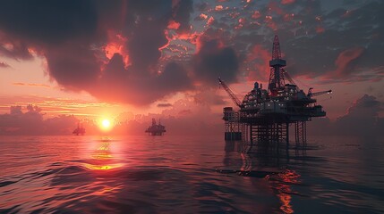 Offshore oil rig drilling platform at sunset. Oil and gas platforms north sea  - obrazy, fototapety, plakaty