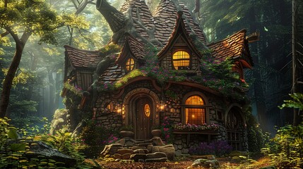 Fototapeta premium Fairy Tale Cottage. A Magical Home in the Enchanted Forest. Fantasy book covers, fairy tale illustrations, children's literature