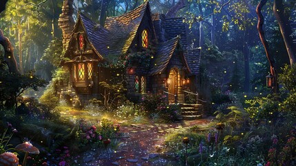 Fairy Tale Cottage. A Magical Home in the Enchanted Forest. Fantasy book covers, fairy tale illustrations, children's literature 