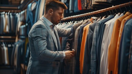 Fototapeta premium Man Choosing Suit in Clothing Store. Men's Fashion and Style. Businessman Shopping for Suit. Business Attire and Professional Style Concept