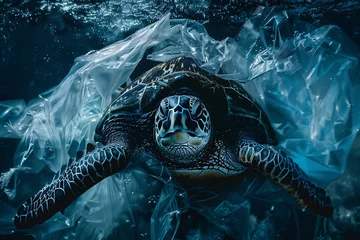 Zelfklevend Fotobehang Generative AI : Stop ocean plastic pollution concept. Sea turtle trapped in a plastic bag © The Little Hut