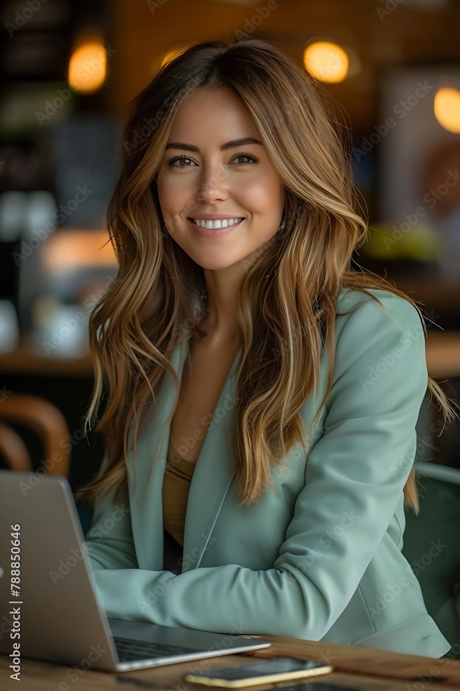 Poster generative ai : businesswoman with long brown hair is smiling in a light green blazer, sitting at a 