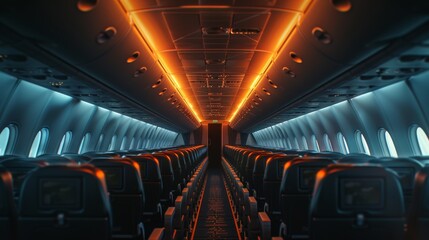 Futuristic Airplane Cabin Interior with Neon Lights and Comfortable Seating